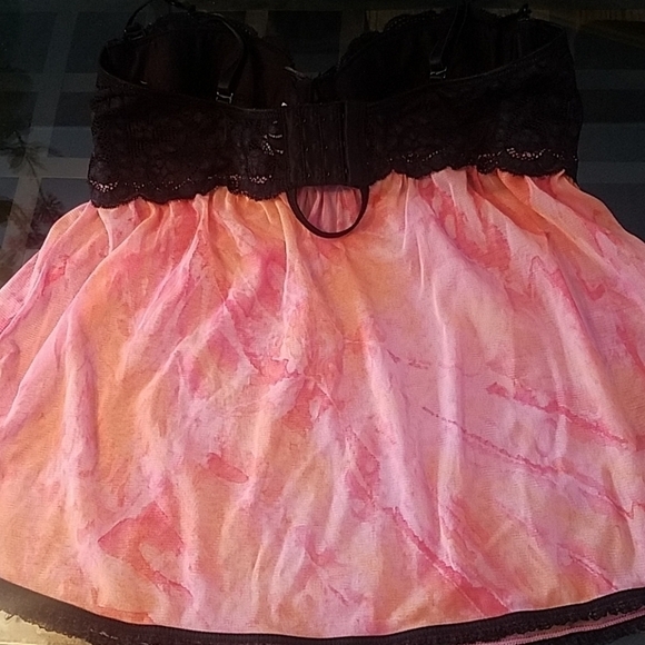 Y2K Vintage 𝅺VS Pink Ombre Black Lace Babydoll Ruched Top Sleepwear Slip 36C - Picture 7 of 9